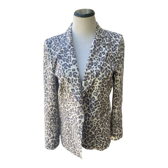 Cynthia Rowley Linen Gray Neutral Cheetah Print Blazer Size Large Classic EUC - Picture 1 of 9